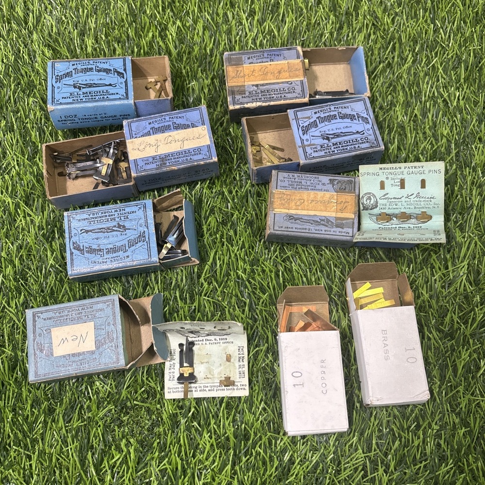 E.L. Megill Letterpress Accessories Lot 9 Original Boxes Brass Copper Pins